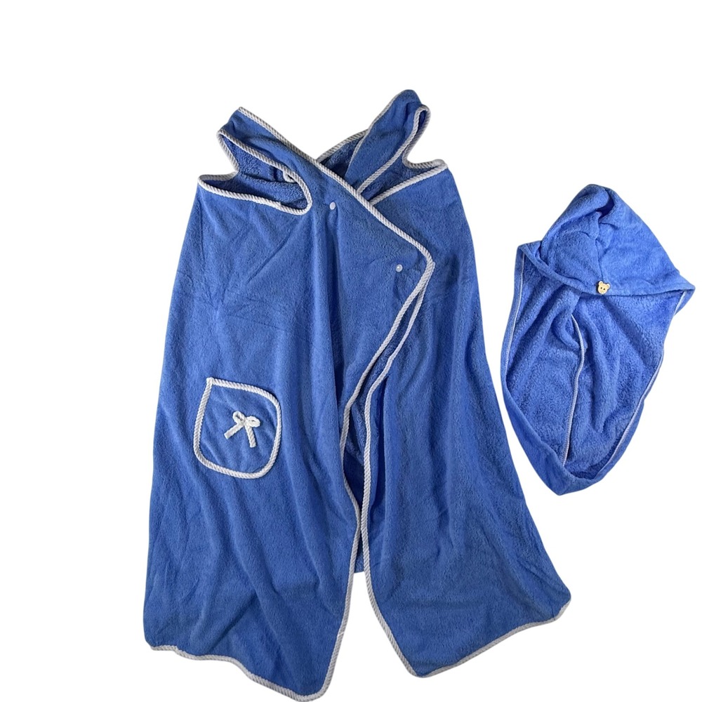 Blue White‎ Spa Button Bath Wrap Hair Towel Set Women OS Wearable Towel Coquette